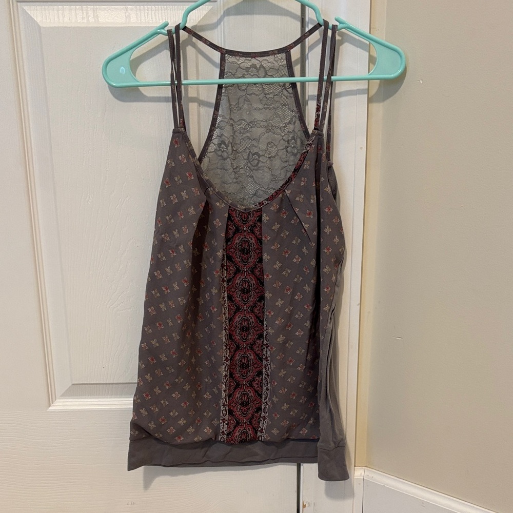 Maurices Gray and Red Lace-Back Blouse